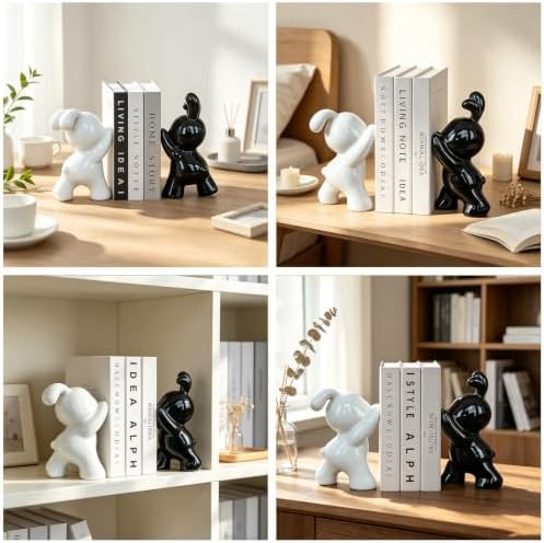 Glossy Ceramic Bunny Bookends Pair, Cute Rabbit Sculpture Book Stoppers, Smooth Shiny Finish Decorative Book Holders for Shelf Tabletop, Minimalist Modern Home Decor Gift for Kids & Book Lovers - Image 3