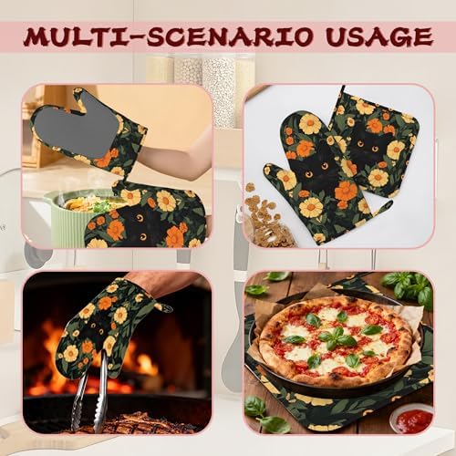 Black Cat Flowers Heat-Resistant Silicone Oven Mitts and Pot Holder 4 Piece Set,Non-Slip Kitchen Oven Gloves for Baking, BBQ, Cooking,Grilling - Image 6
