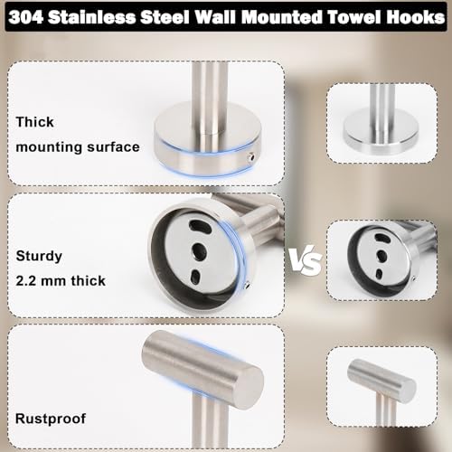 Livabber Bathroom Towel Hooks, 304 Stainless Steel Robe Shower Hooks Wall Mounted, Heavy Duty Towel Hangers for Bathroom Kitchen Bedroom (6 Pack, Brushed Nickel) - Image 3