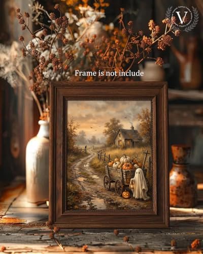 Vodefoad Vintage Halloween Ghost and Pumpkins Wall Prints, Rustic Autumn Landscape Canvas Paintings, Halloween Pumpkins Cart with Cute Ghost Picture, Halloween Gothic Dark Academia Spooky Fall Decor for Kitchen, Gallery, Bathroom Wall decor - 8x10Inch ... - Image 3