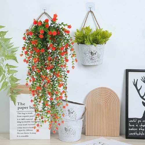 Artificial Hanging Flowers for Outdoor Indoor Decor, 6 Packs Fake Eucalyptus Vine Faux Flower Greenery Garland Plastic Plants Outside UV Resistant Wall Garden Wedding Home Party Decor (Orange) - Image 2