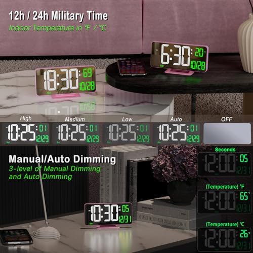 KOSUMOSU Pink Digital Clock 6.7in Desk Clock with Dual Alarm Clock, Dimming, 12/24h, Date, Day of Week, Temp, Digital LED Clock, Alarm Clock for Table, Digital Calendar Table Clocks for Bedrooms - Image 4
