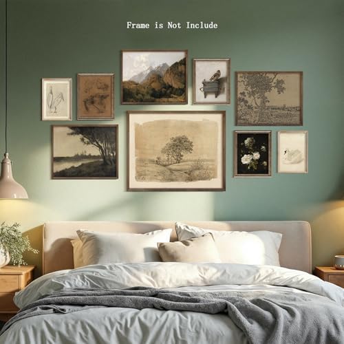 9Pcs Vintage Gallery Wall Art Decor Prints Neutral Farmhouse Wall Decor Nature Landscape Botanical Painting Moody Poster Retro French Country Moody Paintings Rustic Cottagecore Brown Tones Decor - Unframed - Image 7