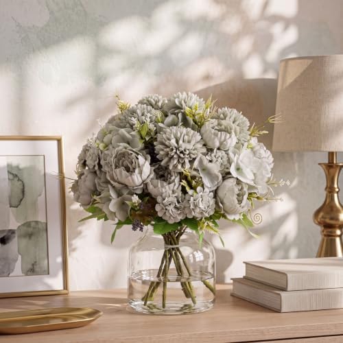 Tigeen 12 Bundles Artificial Flowers Bouquet Silk Peonies, Green - Image 3