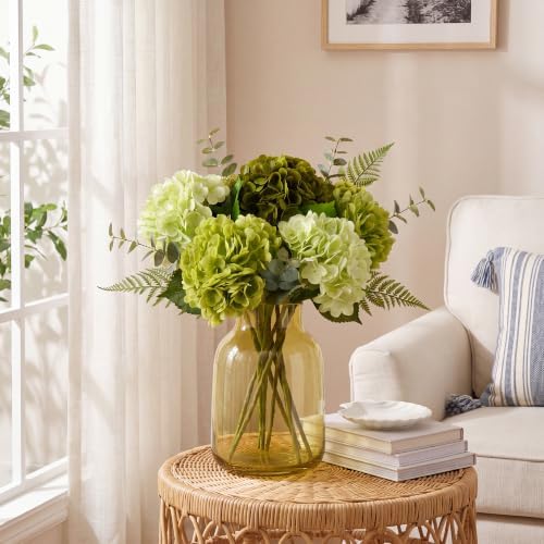 Pinkpum 6 Pcs Mix Green Hydrangea Artificial Flowers with Fens & Eucalyptus - Image 5
