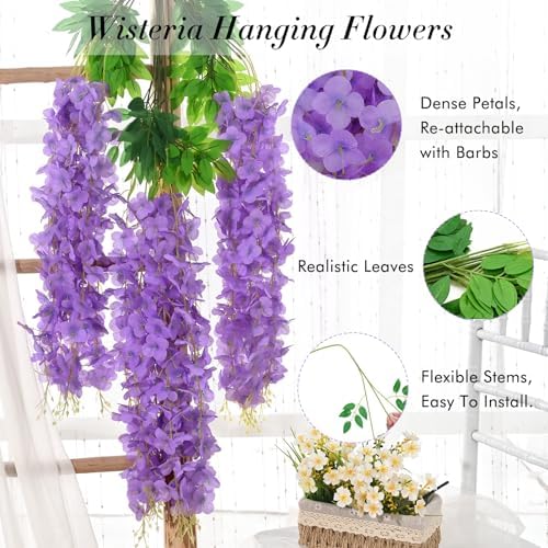 Waipfaru 40 Pack Purple Wisteria Hanging Flowers, Fake Hanging Flowers for Decoration, Artificial Flowers,Vines for Bedroom,Flower Garland for Home,Party,Garden, Wall,Wedding Decoration(3.6 Ft/Pcs) - Image 2