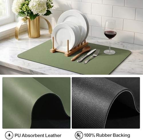 Ecotrim - Dish Drying Mat for Kitchen Counter | Coffee Bar Mat for Countertops | Heat Resistant Drainer Mat with Non-slip Rubber Backed | Hide Stain Kitchen Absorbent Draining Mat | Green 16"x20" - Image 4