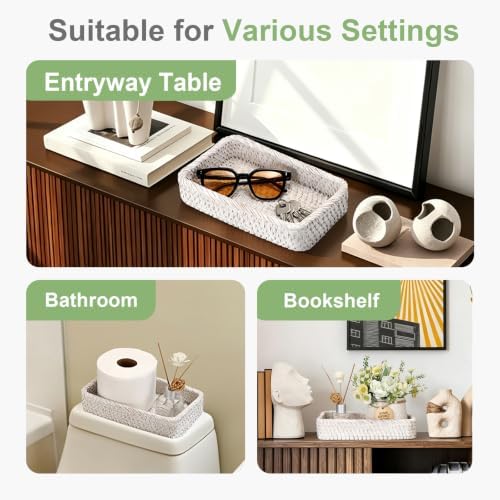 Hipiwe Decorative Key Tray for Entrayway Table Whitewash Rattan Basket Tray - Image 5
