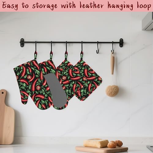 Red Chili Peppers Silicone Oven Mitts and Pot Holders,Heat-Resistant 4 Piece Kitchen Set Non-Slip Oven Gloves and Hot Pads for Cooking, Baking, Grilling,BBQ - Image 5
