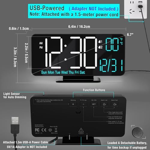 KOSUMOSU Digital Clock for Bedroom 6.7in Small Digital Alarm Clock Black, Dimming,12/24h,Date,Day of Week, Indoor Temperature,Desk Clocks for Classroom, LED Clocks for Living Room, Digital Calendar - Image 4