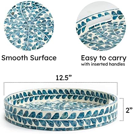 Serving Tray 12.5 Inch, Lacquer Mother of Pearl Inlay Mosaic Tray, Round Wooden Marble Tray with Handles Trays for Tea, Breakfast (Leaf Style) - Image 3