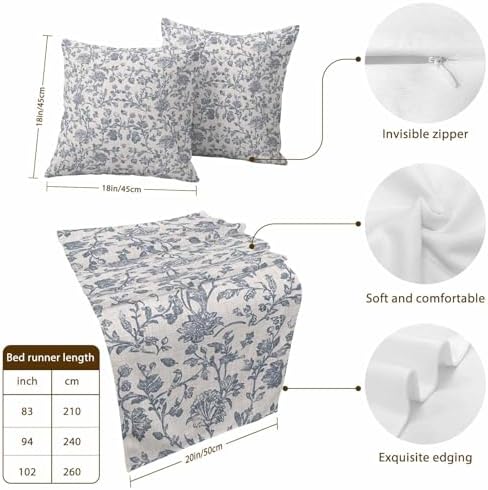Beige Farmhouse Bed Runners for Cal King Size Beds Blue Boho Flower Bed Scarf Matching Decorative Throw Pillow Covers Vintage Botanical on Linen Hotel Beds End Blanket Towel Soft Bedspread Protection - Image 3