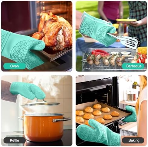 Silicone Oven Mitts, Heat Resistant 2PCS Oven Mitts with Soft Cotton Lining, Waterproof Non-Slip Grip Oven Glove, Kitchen Potholder Mits for BBQ, Baking, Cooking, 12.5 Inch - Green - Image 6