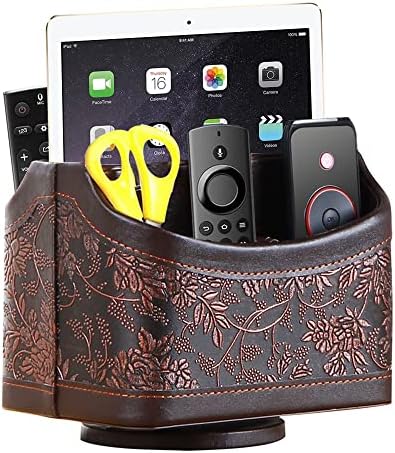 YAPISHI Antique Leather Remote Control Holder, 360 Degree Spinning Desk TV Remote Caddy/Box, Bedside Table Organizer for Controller, Media, Calculator, Mobile Phone and Pen Storage by YAPISHI