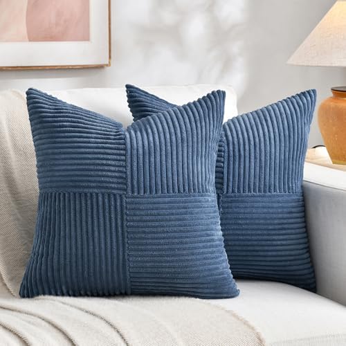 Fancy Homi 2 Packs Dusty Blue Samll Decorative Throw Pillow Covers 14x14 Inch with for Couch Bed Sofa, Rustic Farmhouse Boho Home Decor, Soft Corss Patchwork Corduroy Square Cushion Case 35x35 cm by Fancy+Homi