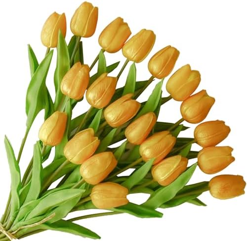 ONLY ART Artificial Gold Tulips 20 Pcs – 13.5 Inch PU Faux Flowers with Bendable Stems for Home Décor, Wedding Centerpieces, DIY Floral Arrangements, New Year and Valentine's Day by ONLYART