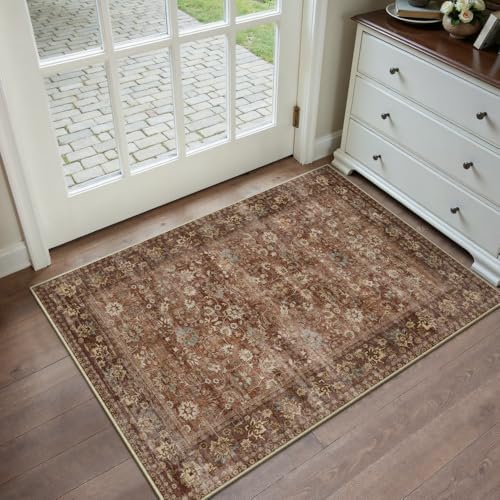 HUGEAR 2x3 Brick Red Vintage Floral Washable Area Rug for Entryway - Image 3