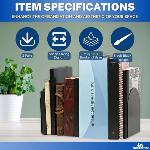 1InTheOffice Bookends for Shelves, Metal Bookends, 6" x 5" x 7", Magnetic, Black, 4 Pack - Image 6