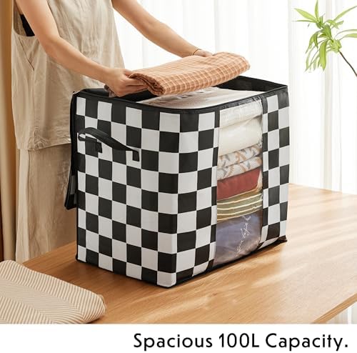 Ohocut Black and White Checkered Clothes Storage Bins, 100L Large Blanket Storage Bags 3 Pack, Closet Organizers and Storage Containers for Comforters, Bedding, Foldable Organizer with Handle - Image 4