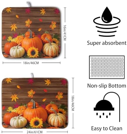 AutumnThanksgiving Pumpkin Dish Drying Mat for Kitchen Counter 16x18 Inch Fall Sunflowers Maple Leaves Harvest Kitchen Drying Mat Microfiber Super Absorbent Dish Rack Drainer Mat with Hanging Loop - Image 2