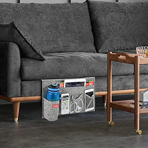 Zafit Linen 5 Pockets Bedside Caddy, Bedside Storage Organizer with Water Bottle Holder for Magazine, Remotes, Phone (Grey) - Image 7