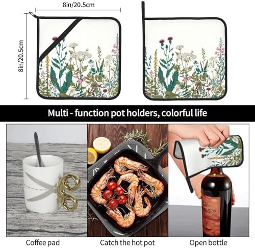 Herbs and Wild Flowers Oven Mitts and Pot Holders Sets of 4, Colorful Botanical Silicone Oven Mitts Heat Resistant, Non-Slip BBQGloves for Chef Kitchen Cooking Baking Grilling Microwave - Image 5