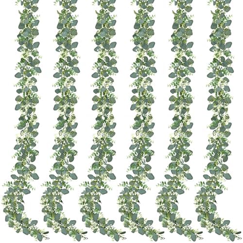 Sggvecsy 6 Pack Artificial Eucalyptus Garland Eucalyptus Leaves Vines Greenery Garland Faux Silver Dollar Eucalyptus Leaves for Table Party Wedding Indoor Outdoor Home Mantle Wall Decor by Sggvecsy