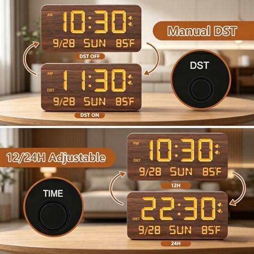 Wooden Digital Alarm Clock for Bedroom - Desk Clock with Date, Day of Week, Temperature, Dual Alarms, Dimmer, USB Port Charge, DST, Adjustable Volume for Living Room/Office Wood Decor (Brown) - Image 7