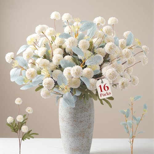Alupssuc 16Pcs Faux Silk Mums Artificial Flowers with Eucalyptus White by Alupssuc