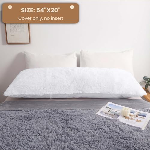 MEGO Luxury Fluffy Faux Fur Body Pillow Cover 20x54 with Zipper, White - Image 3