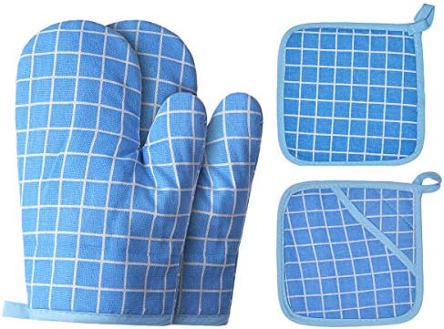 Oven Mitts and Potholders BBQ Gloves-Oven Mitts and Pot Holders with Recycled Infill Silicone Non-Slip Cooking Gloves for Cooking Baking Grilling (4-Piece Set,Blue) by Win+Change