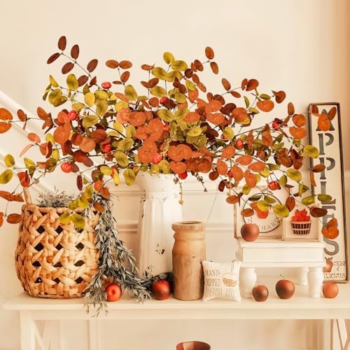 Uieke 8PCS Artificial Fall Eucalyptus Stems, 28inch Fall Eucalyptus Leaves Branches with Orange Pumpkins Long Stems Fall Decorations for Home Autumn Florals Arrangement Thanksgiving Decor - Image 2