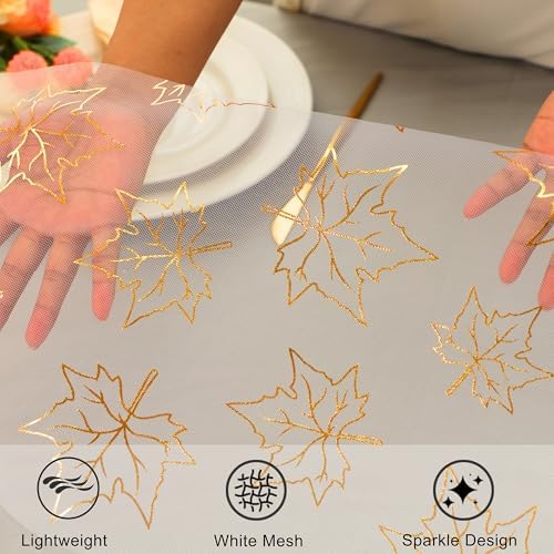 Snowkingdom 2 Pcs Gold Table Runner, Gold Maple Leaves Fall Thanksgiving Table Decorations for Autumn Harvest Sequin Glitter Lightweight White Thin Mesh Sparkle Farmhouse Dining Party Decor 108 Inch - Image 3