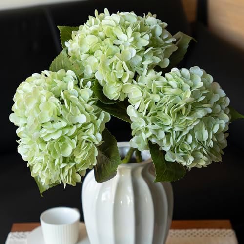 DUYONE 22" Real Soft Touch Hydrangea Artificial Flowers Realistic,Large Long Stem Fake Flowers Full Latex Faux,Wedding Bouquet,Party Home Decor,Garden Office Room Table Centerpieces Light Green 3Pcs by DUYONE