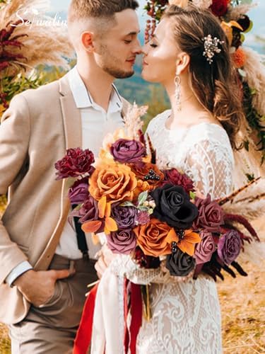 Serwalin Orange Purple Artificial Fall Flowers Combo, Fake Silk Flowers - Image 2