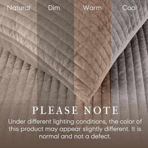 Wonderful - Velvet Quilt Set King Size Light Brown, Soft Cotton-Feel Plush Coverlet with Shams, Premium Vertical Channel Stitched, Lightweight All-Season Bedspread - Image 2
