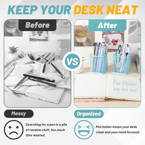 Segarty Pencil Holder, 6 Pack Square Light Blue Pen Holder for Desk, Mesh Pencils Cup Container Marker Organizer Set for Office Supply, School Classroom, Home Desktop Storage and Organization - Image 4