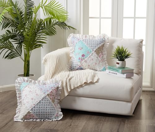 Brilliant Sunshine Blue & Green Roses Ruffle Pillowshams Set, 18"x18" by BrilliantSunshine