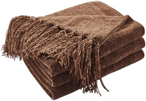CozeCube Chenille Throw Blanket, Dark Brown Fringe Blanket, 60"X80" by CozeCube