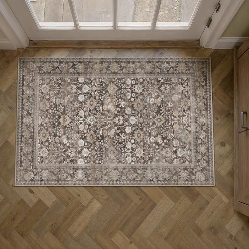 HUGEAR 2x3 Coffee Brown Vintage Floral Washable Area Rug for Entryway - Image 2