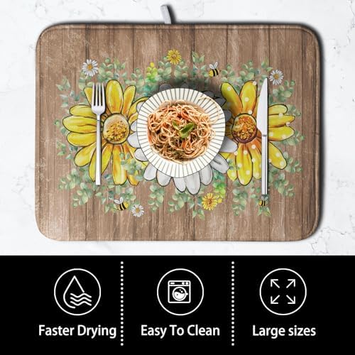 Rustic Daisy Floral Dish Drying Mat for Kitchen Counter Spring Summer Sunflower Dish Drying Mat Bee Absorbent Microfiber Dish Mat Reversible Dish Drainer Rack Mat 16x18 Inch - Image 4