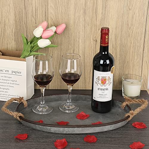 Hipiwe Galvanized Metal Iron Tray Farmhouse Serving Trays with Rope Handle - Image 4