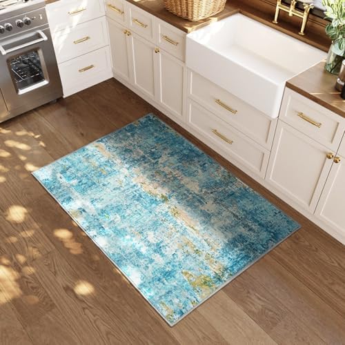 Entrance Rugs Indoor 2x3 Teal Blue Entry Rug Washable Abstract Small Area Rug Non-Slip Low Pile Throw Rugs for Entryway, Kitchen Floor, Front Door Indoor Door Mat, Bathroom, Bedroom Bedside - Image 2