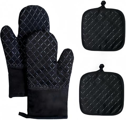 Oven Mitts and Pan Racks 4-Piece Set, Extended Kitchen Oven Mitts and Pan Racks, Heat Resistant 500 °F, Silicone Non-Slip Surface for Baking and Cooking (Black) by Unknown