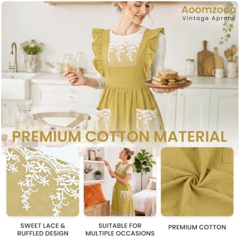 Aoomzoon Vintage Aprons for Women with Lace Ruffle, Cooking Kitchen Baking - Image 2