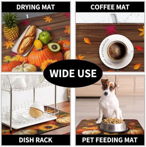 AutumnThanksgiving Pumpkin Dish Drying Mat for Kitchen Counter 16x18 Inch Fall Sunflowers Maple Leaves Harvest Kitchen Drying Mat Microfiber Super Absorbent Dish Rack Drainer Mat with Hanging Loop - Image 7