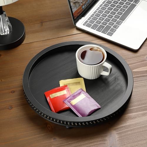 Bamboo Land- Round Decorative Trays for Coffee Table, 12", Black, Wood Tripod & Beaded Design, Wooden Round Tray for Coffee Table - Image 7