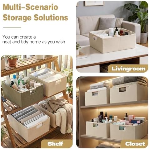 Foldable Fabric Storage Basket for Shelves, Linen Decorative Storage Bin with Wooden Handles, Small Organizer Cube for Closet, Rectangle Canvas Box for Organizing, Decor, 15x10.6x6 Inches (Beige) - Image 6