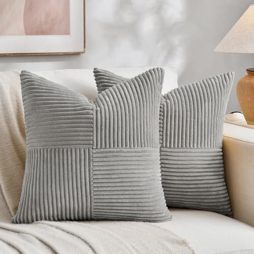 Fancy Homi 2 Packs Grey Big Decorative Throw Pillow Covers 24x24 Inch for Couch Bed, Rustic Farmhouse Boho Home Decor, Soft Corss Corduroy Patchwork Accent Square Gray Cushion Case 60x60 cm by Fancy+Homi