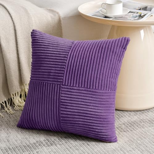 Fancy Homi 2 Packs Purple Decorative Throw Pillow Covers 18x18 Inch for Living Room Couch Bed, Boho Farmhouse Home Decor, Soft Corss Corduroy Patchwork Textured Square Cushion Case 45x45 cm - Image 2